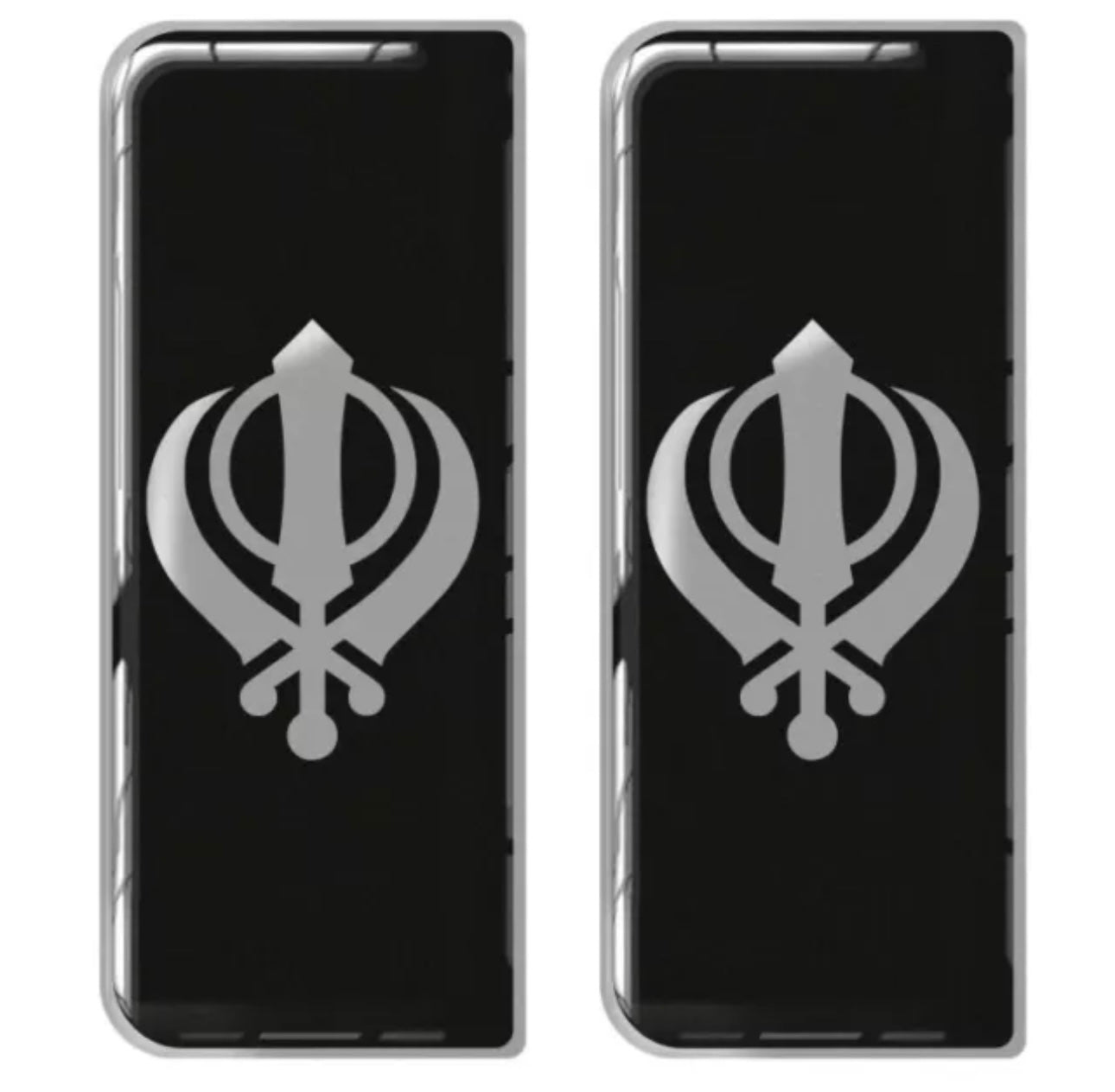 2x Khanda Gel Domed Black Silver Symbol Badges/Decals 111x45mm