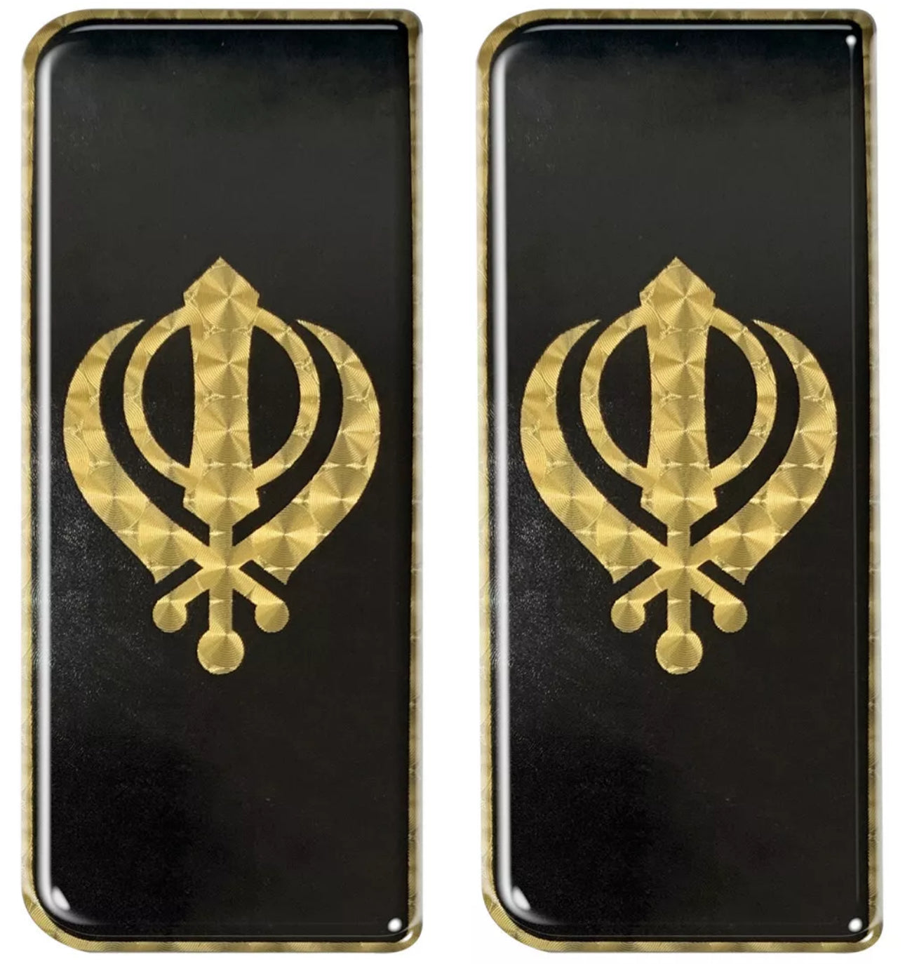 2x Khanda Gel Domed Black Gold Symbol Badges/Decals 111x45mm